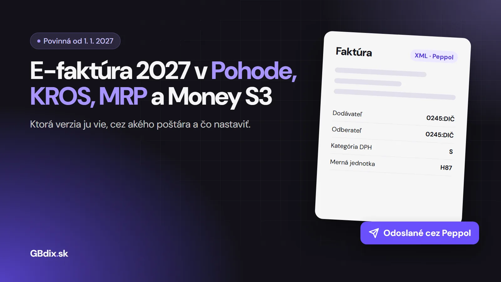 E-faktúra 2027 v Pohode, KROS, MRP a Money S3: faktúra vo formáte XML odoslaná cez sieť Peppol
