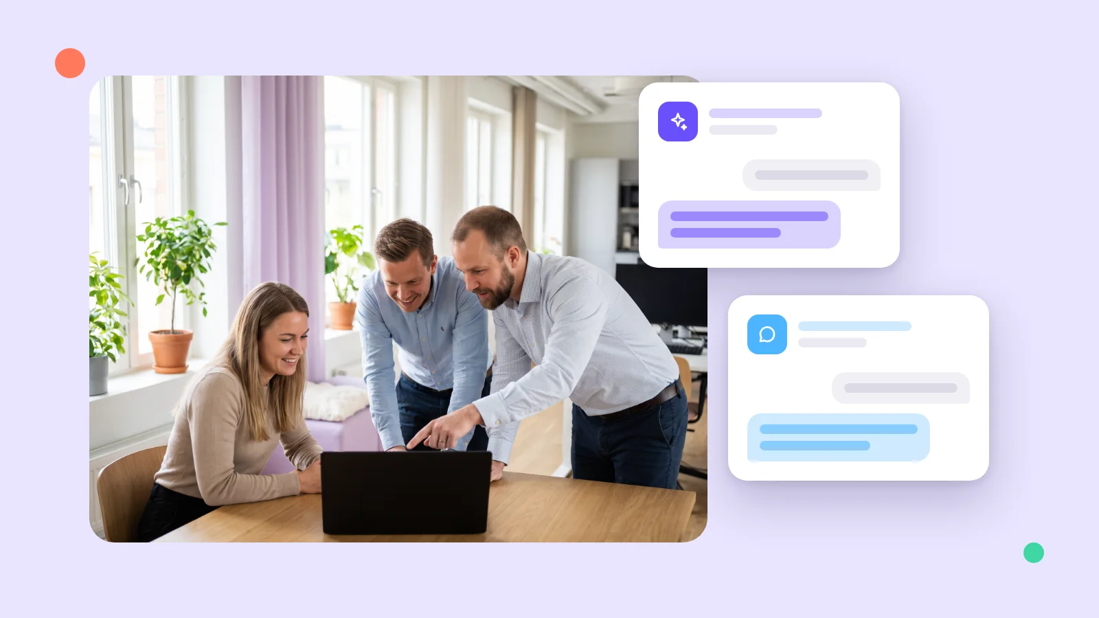 ChatGPT Business alebo Copilot: tím pri notebooku a dve chatové okná AI asistentov