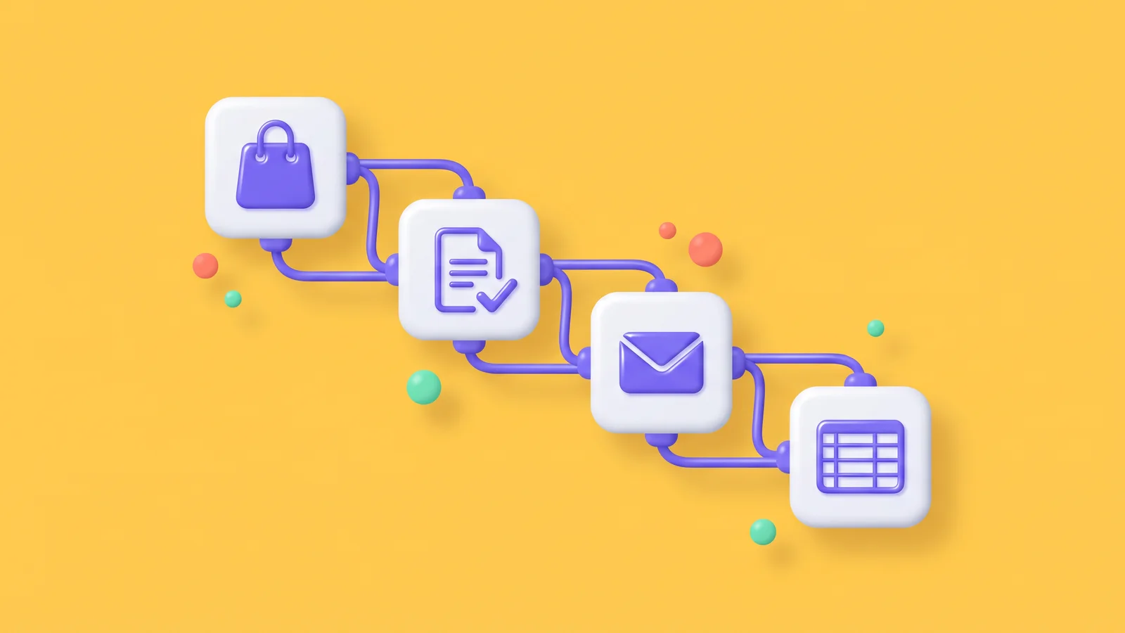 Workflow v n8n: dlaždice s ikonami nákupu, faktúry, e-mailu a tabuľky prepojené ako automatizovaný postup